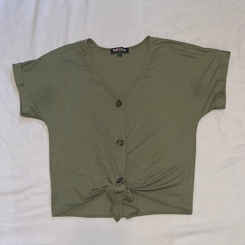 Sage/ army green V neck button down tie shirt